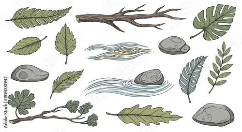 Natural Wood Logs Branches and Autumn Leaves Set