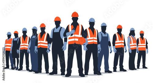 A diverse group of construction workers stand together in their safety vests and hard hats, symbolizing World Day for Safety and Health at Work, set against a clean white background