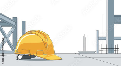 To observe World Day for Safety and Health at Work, a construction helmet sits against a background of steel girders and concrete, symbolizing safety on building sites in a symbolic