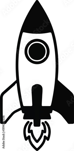 Rocket ship icon, space shuttle symbol, black and white illustration, launch vehicle graphic
