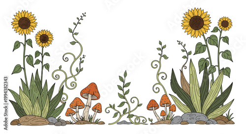 Whimsical Mushroom and Plant Forest Border