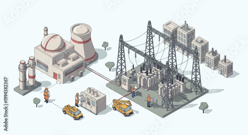 Isometric Nuclear Power Plant and Electrical Substation Illustration.