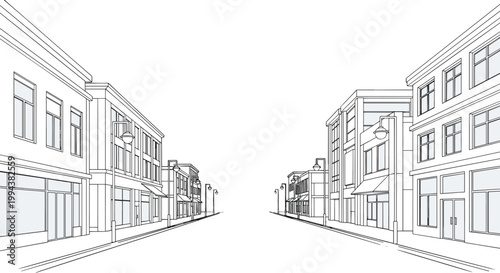 Architectural Perspective City Street Line Art Sketch