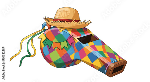 Vibrant Colorful Whistle Mascot with Straw Hat