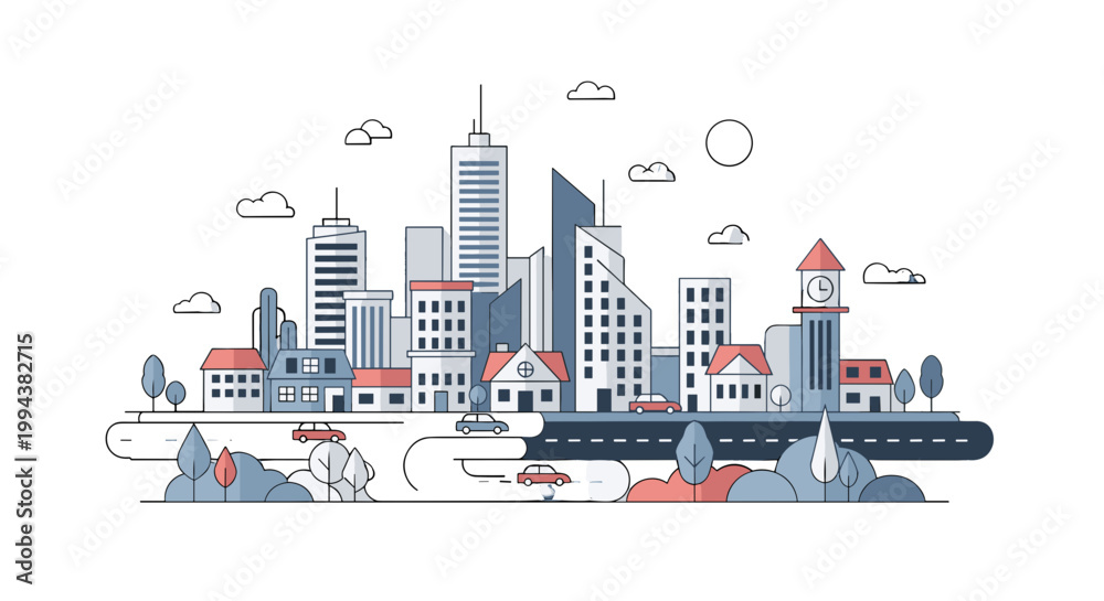 Naklejka premium Urban City Skyline with Modern Buildings Line Art