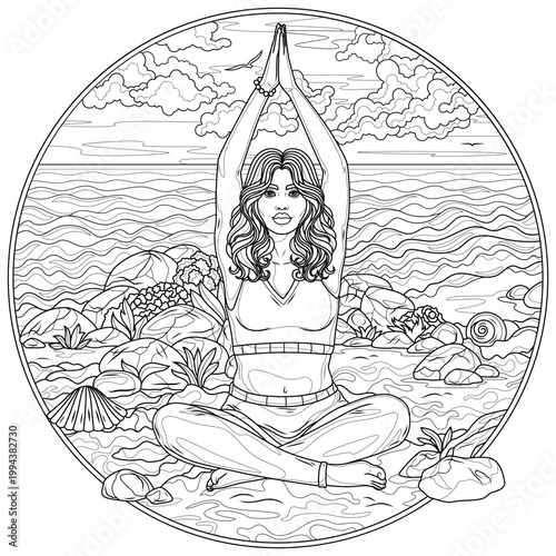 The girl is doing yoga on the beach by the sea.Coloring book antistress for children and adults.
