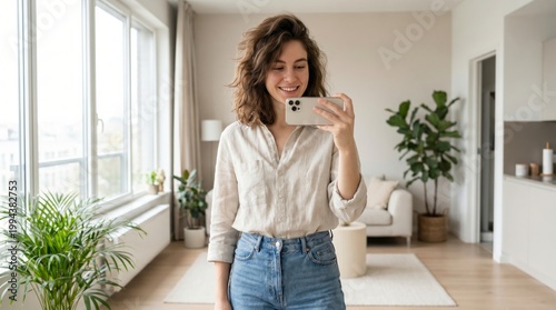 A cheerful young woman in a beige shirt taking a selfie with a smartphone inside a bright, modern, plant-filled cafe.