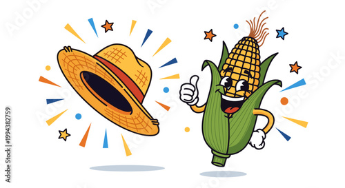 Cheerful Cartoon Corn Mascot Wearing a Straw Hat