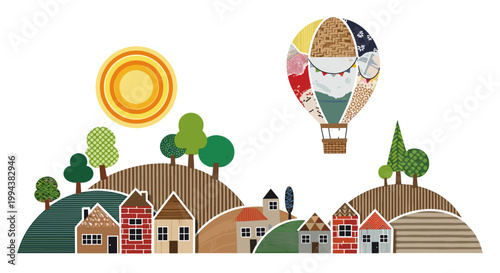 Hot Air Balloon Flying Over Scenic Village