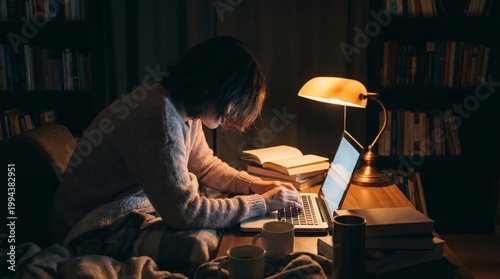 A person working late at night on a laptop, illuminated by a warm desk lamp in a cozy, book-lined room.