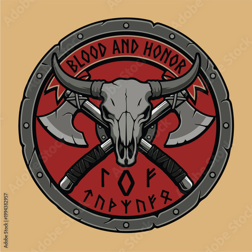 Viking Bull Skull Axe Emblem.