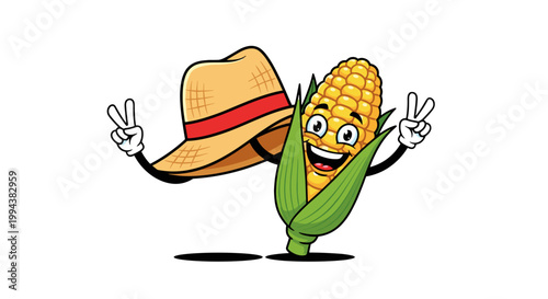 Happy Cartoon Corn Character Wearing Straw Hat