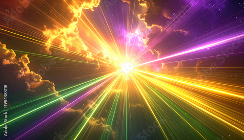 A vibrant and abstract digital artwork depicts a brilliant, radiant light source emanating through swirling clouds, creating a mesmerizing display of colorful energy and celestial beauty.