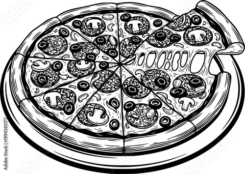 Pizza, monochrome vector illustration. Black silhouette of pizza with mushrooms, olives, pepper and cheese. Transparent EPS version.