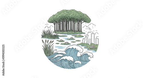 Detailed illustration showing forest ecosystem and ocean conservation themes, with tall trees growing from an island above water lilies and crashing waves, conveying a message about world