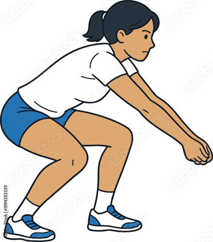 Female volleyball player receiving ball illustration showing athlete in ready position, defensive posture and active sports movement