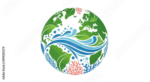 An illustrative globe emphasizing forest ecosystem and ocean conservation is depicted in a vector graphic with continents covered in green foliage, swirling blue waters, and coral accents