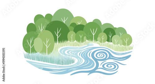 Illustrative design showcasing a vibrant forest ecosystem with green trees and a winding river, promoting world wetlands day ocean conservation in a simple, flat style against a clean white