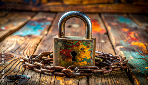 A weathered padlock and chain rest on a colorful, distressed wooden surface.