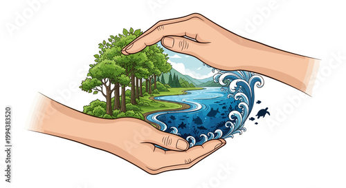 Illustrated hands protectively cradle a vibrant forest ecosystem merging into an ocean conservation scene, symbolizing the importance of World Wetlands Day, rendered with a clean