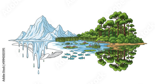 Illustrated scene depicting ocean conservation and a thriving forest ecosystem, side-by-side, showcases the contrast between icy glaciers reflecting in water and lush trees, set