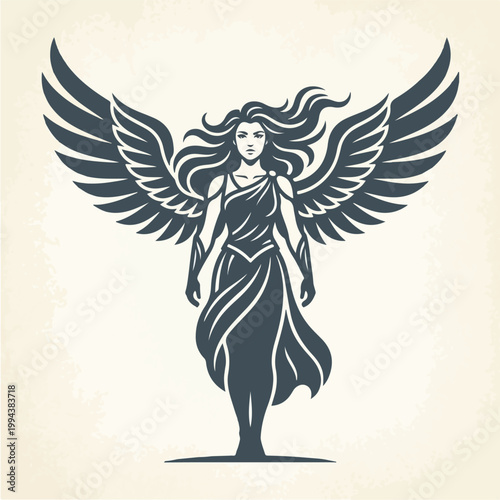 Woman with large angel wings.