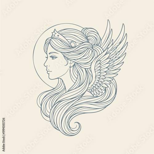 Woman with angel wings face.