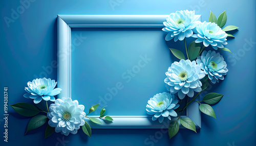 A serene composition featuring a silver-toned picture frame adorned with delicate blue flowers against a vibrant blue backdrop, evoking a sense of tranquility and artistic elegance.