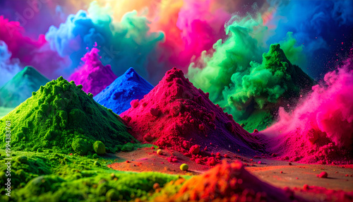A vibrant and surreal landscape features colorful powder mounds resembling mountains, enveloped in a swirling cloud of rainbow hues, creating a captivating and dreamlike scene.