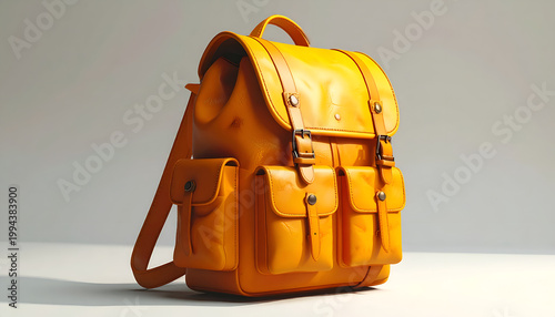 A vibrant orange leather satchel backpack rests on a neutral surface, showcasing its detailed pockets and classic design.