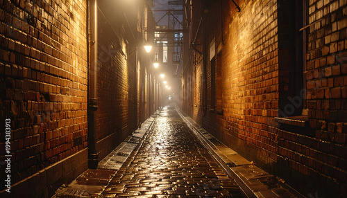A dimly lit, narrow brick alleyway stretches into the distance, shrouded in a misty atmosphere and illuminated by vintage-style street lamps.