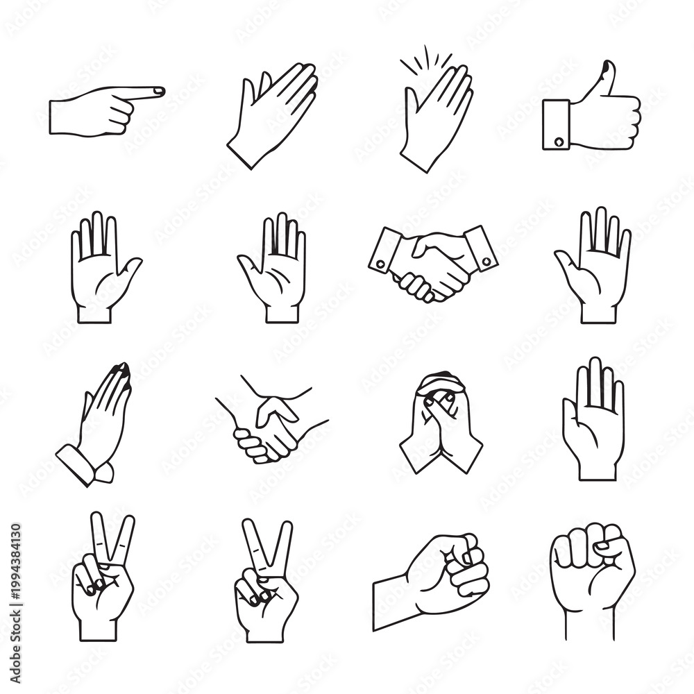 Fototapeta premium Collection of hand gesture icons for communication and actions on a white background