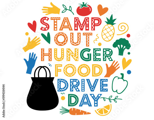 Stamp Out Hunger Food Drive Day Vector Illustration, Charity Donation and Community Help Design