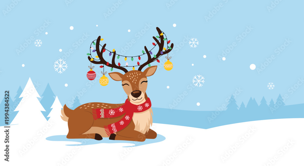 Fototapeta premium Beautiful reindeer with a red scarf and colorful holiday lights on its antlers lying in a snowy winter landscape with trees.