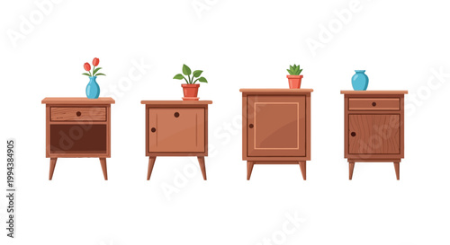 Cartoon illustration of four wooden bedside tables with plants