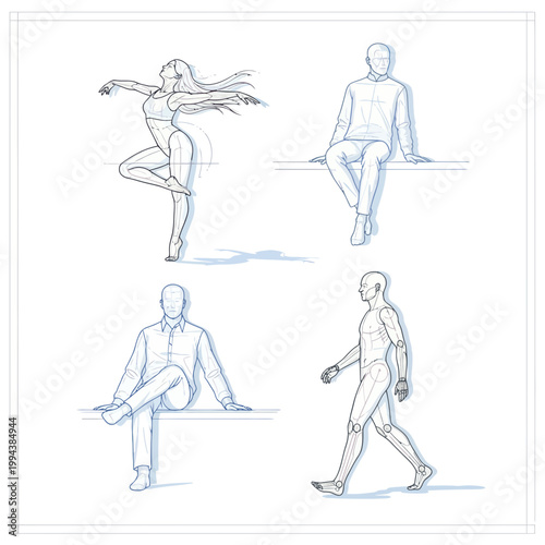 Human Figure Poses Sketch: Dancer, Sitting Men, Walking Model