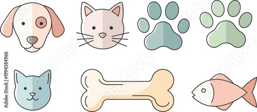 Pet icons show cats and dogs alongside bones and paws for animal lovers now.