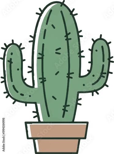 Cactus, potted plant, green prickly succulent, cartoon illustration