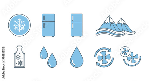 A collection of blue linear icons depicting cooling water and winter themes