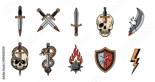 Collection of weaponry illustrations against dark background