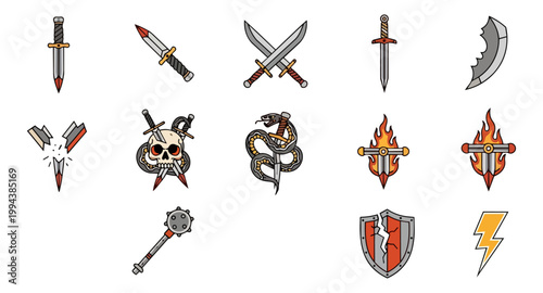 Collection of weapon illustrations on black background