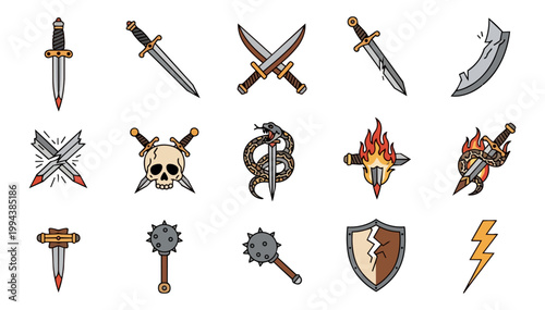 Collection of weaponry and shield silhouettes on black