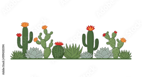 A collection of various desert cacti and succulents in a row