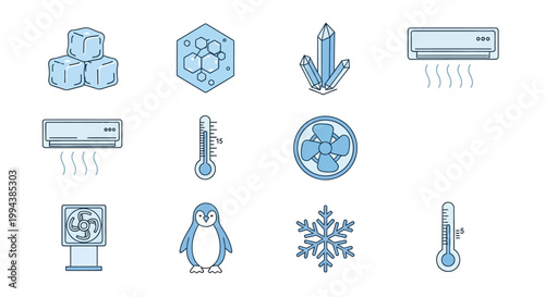 A collection of simple blue line icons depicting winter cooling water and weather elements
