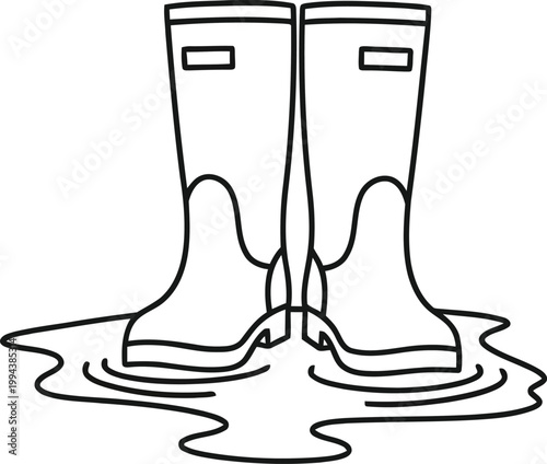 Black outline illustration of rubber boots in a puddle