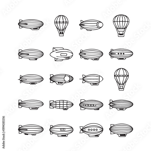 Collection of vintage airship and hot air balloon line drawings on white background