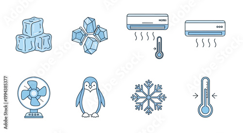 A collection of light blue icons representing cooling temperature and winter related elements