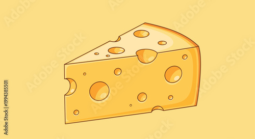 Delicious wedge of yellow swiss cheese with many holes isolated on a warm yellow background flat cartoon illustration.