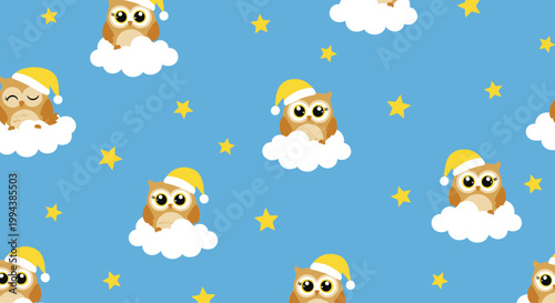 Whimsical seamless pattern with adorable owls sleeping on fluffy white clouds under yellow stars in a blue night sky.