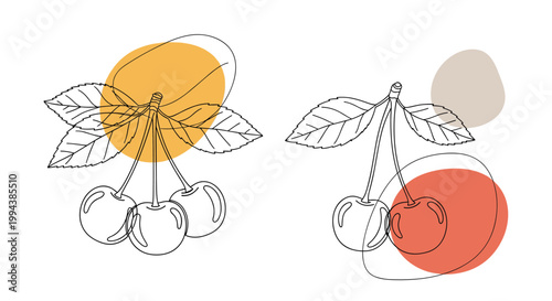 Artistic line drawing of cherries with abstract yellow and orange color shapes on a clean white background for interior.